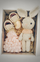 Load image into Gallery viewer, Pink crochet bunny gift box. Includes pink crochet hat and choice of pink, brown or gray leather moccasins.
