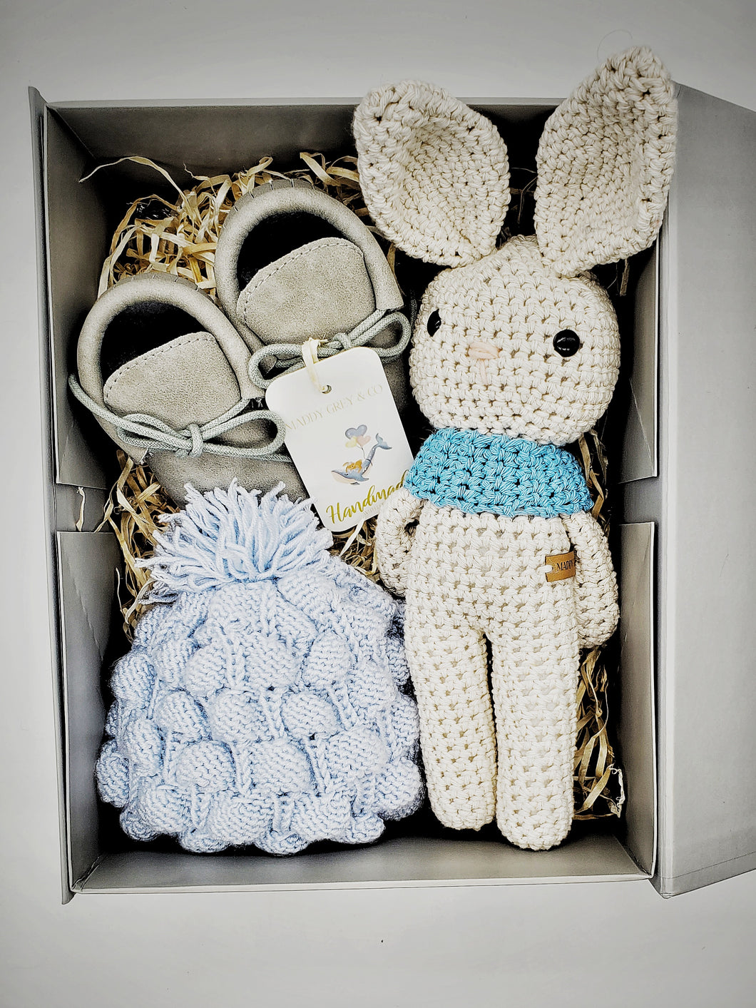 Handmade Crochet Maddy Grey Blue Bunny Gift Box